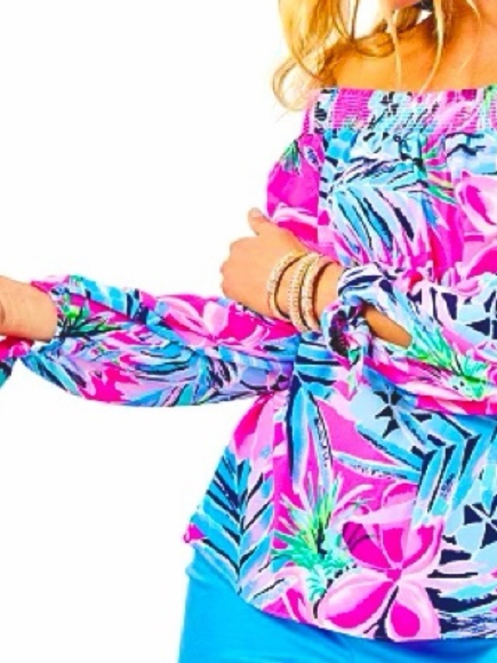 Lilly Pulitzer MaryEllen Cockatoo Pink off shoulders top Size XL - Picture 3 of 9